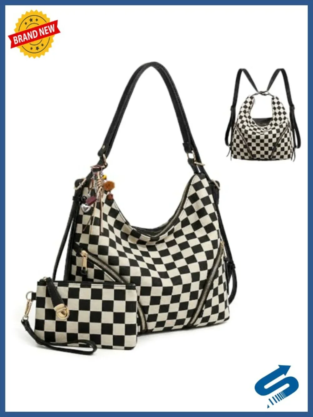PU Leather Convertible Hobo Bag Crossbody Backpack Shoulder Bag with Pouch &